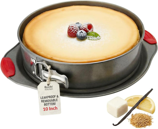 Boxiki Kitchen 10 Inch Nonstick Springform Pan, Professional Spring Form and Cheesecake Baking Mold, Leakproof Cake Pan with Silicone Handles