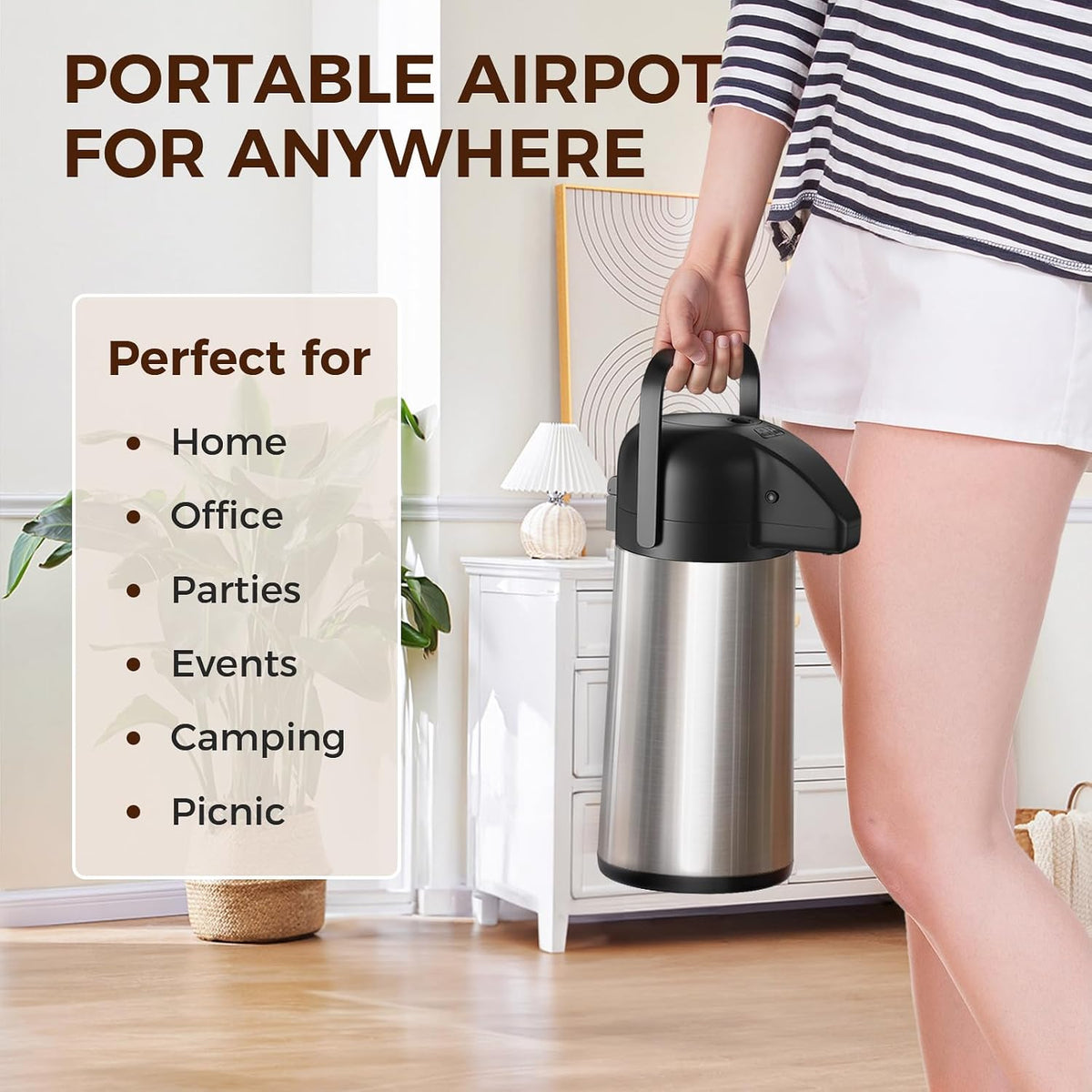Coffee Carafe for Keeping Hot, 64OZ Airpot Coffee Dispenser with Pump | Large Thermal Coffee Urn for Hot Drinks Tea Liquid, 304 Insulated Stainless Steel Hot Water Beverage Dispenser for Parties