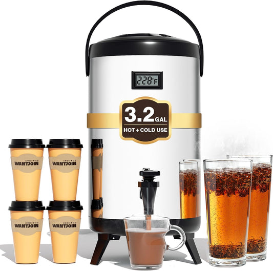 WantJoin Insulated Beverage Dispenser-75 Cup Hot&Cold water Urn for Catering-Stainless Steel Premium 12 L/3.2 Gallon Hot