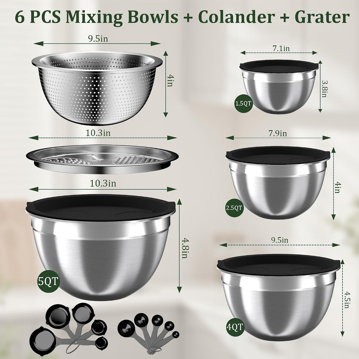 Nicdiet Mixing Bowls with Lids Set, 16PCS Stainless Steel Mixing Bowls,Nesting Storage Bowls for Kitchen with Mixing Bowl, Colander, Strainer &amp; Grater, Metal Salad Bowl for Kitchen Gadgets, Black