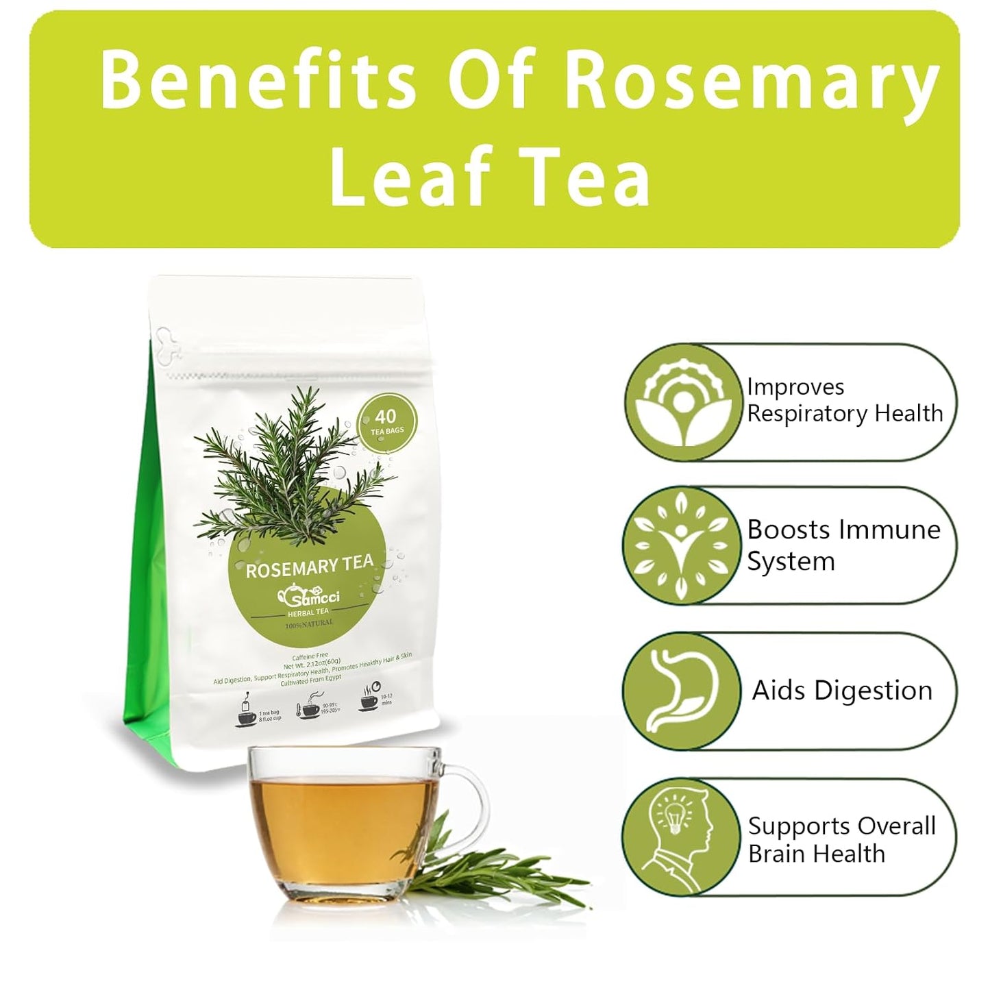 Samcci Rosemary Tea Bags, 40 Count, Pure Dried Rosemary Leaves Herbal Tea | Te De Romero,Distinct Flavor &amp; Support Digestion, No Additives, Non-GMO, Caffeine-Free, Resealable Pouch