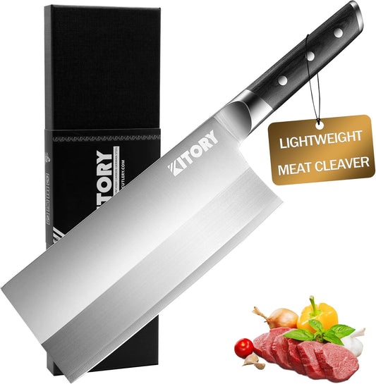 Kitory 7" Lightweight Meat Cleaver, Chinese Chef Knife for Slicing & Chopping (No Bones)- German High Carbon Steel -