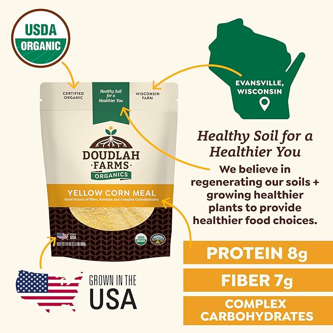 Organic Yellow Cornmeal 1.5 lb Fine Grind - Non-GMO, Gluten-Free, Sugar-Free, Farmed From Regenerative Soil, Vegan, Grown In USA, For Baking Cornbread, Muffins, Pancakes, and More by Doudlah Farms