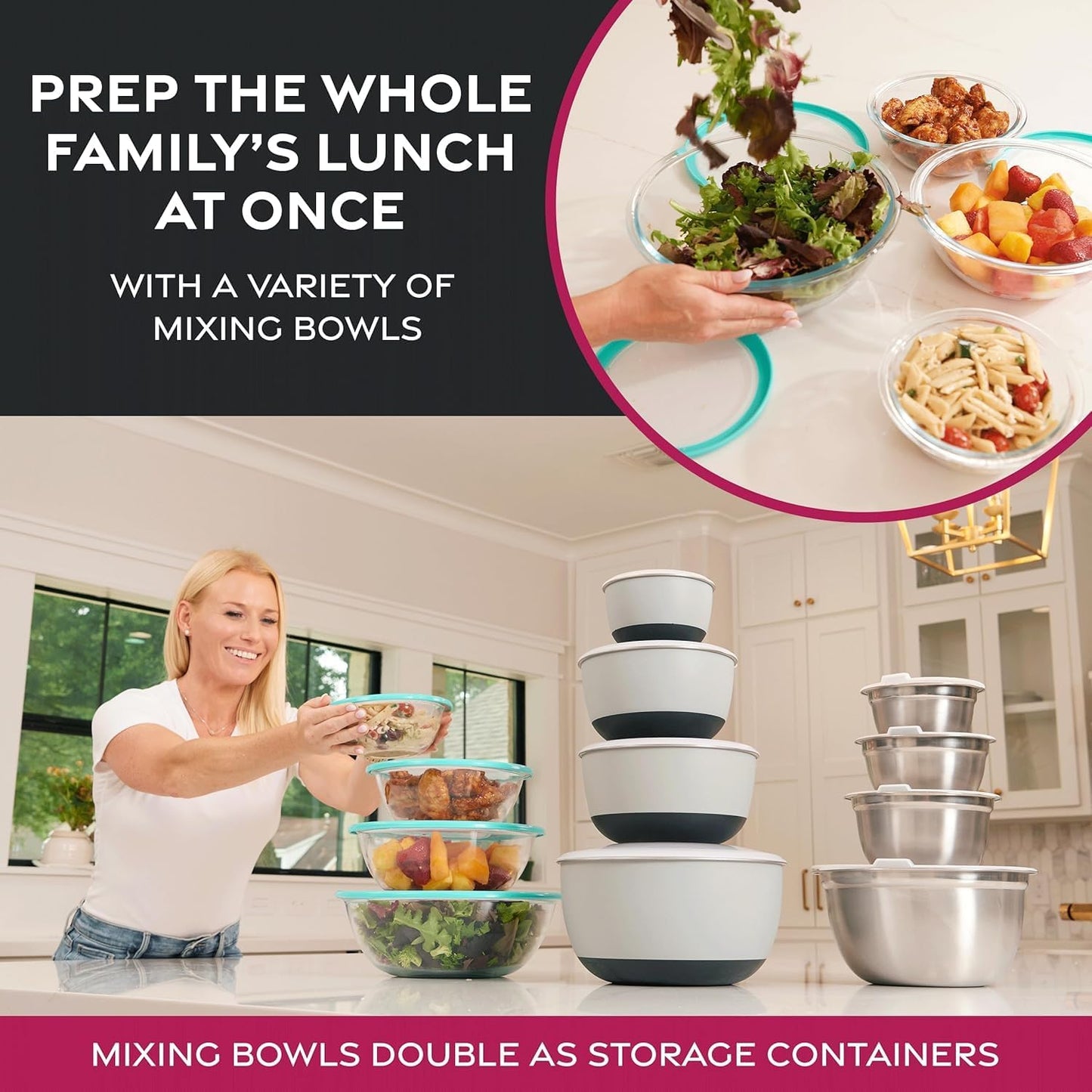 Stainless Steel Mixing Bowl Set, Nesting Bowls for Kitchen Baking, Cooking, Prepping, Kitchen Food Storage Organizers, No Lids (5 Pack)