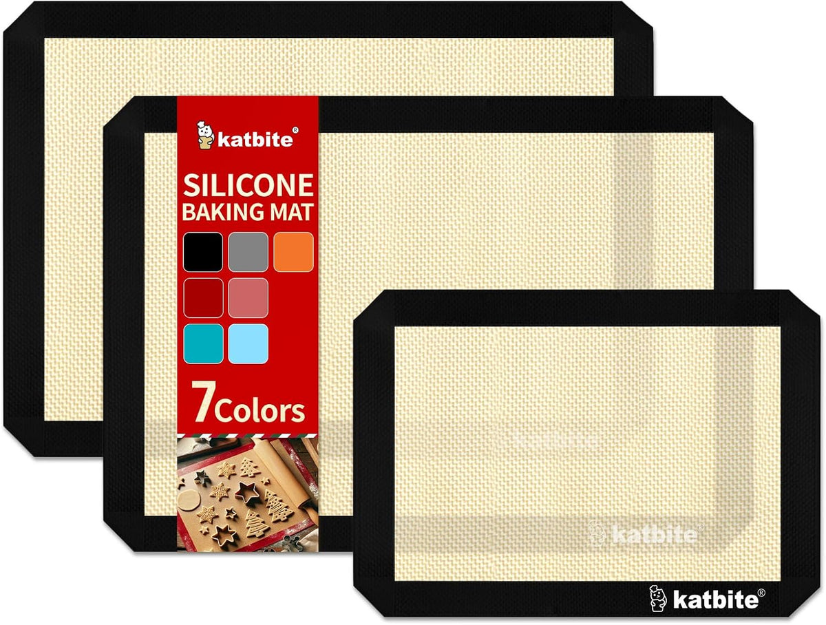 Katbite Silicone Baking Mat Set of 3 Black | 2 Half Sheets Mats + 1 Quarter Baking Sheet, Reusable &amp; Nonstick Bakeware Mats for Cookies, Macarons, Bread