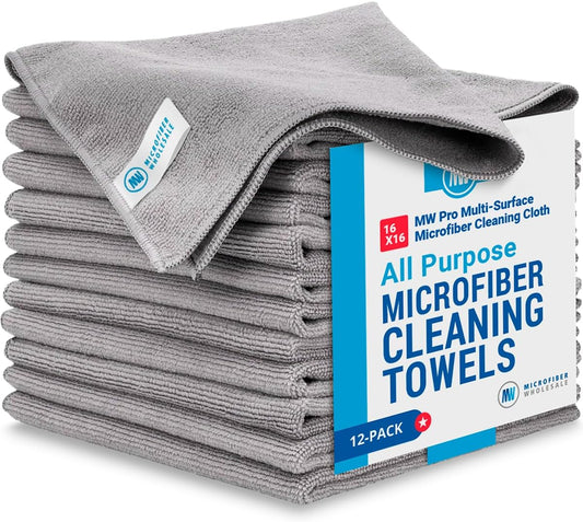 MW Pro Microfiber Cleaning Cloths (12 Pack) | Size 16" x 16"| All Purpose Microfiber Towels - Clean, Dust, Polish, Scrub,