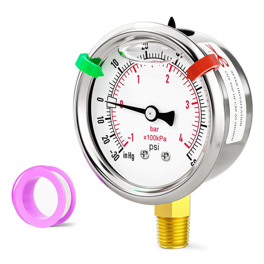 -30inHG-60psi Stainless Steel Glycerin Liquid Filled Vacuum Pressure Gauge 1/4" NPT 2.5" Face Dial Center Lower Mount, for