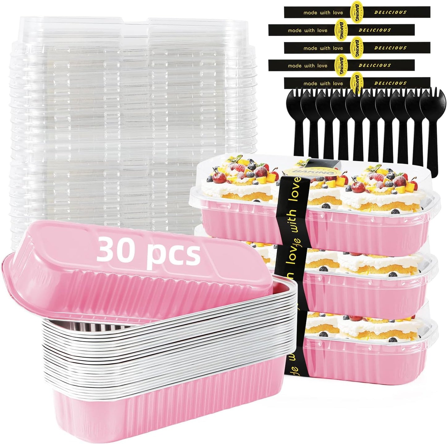 Mini Loaf Pans with Lids and Spoons Sealing Sticker,6.8oz Cake Pans for Baking Disposable Aluminum Foil Pink/Red cake pan (30, Pink)