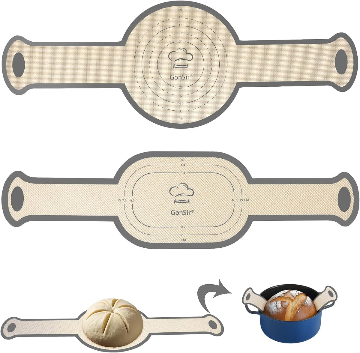 Silicone Bread Sling, Round and Oval Dutch Oven Baking Mat with Upgraded Handles, Non-Stick &amp; Easy Clean Baking Mat to Transfer Sour Dough Easily, 2 Pcs Reusable Bread Mat Set