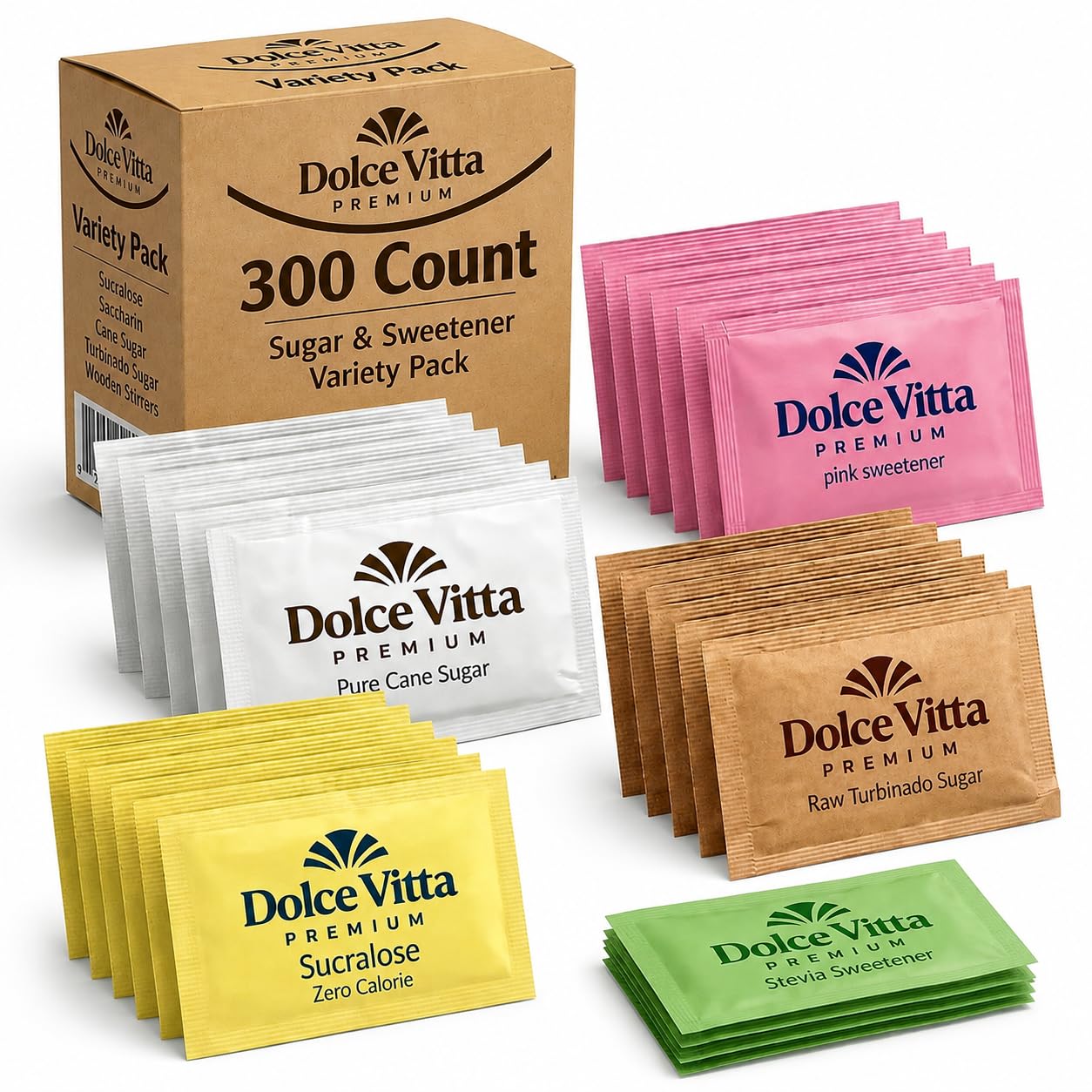 Dolce Vitta Sugar Packets &amp; Sweetener Variety Pack, 300 Count | Individual sugar &amp; sweetener packets in 5 types: Stevia, Sucralose, Saccharin, pure cane &amp; turbinado sugar for coffee or tea