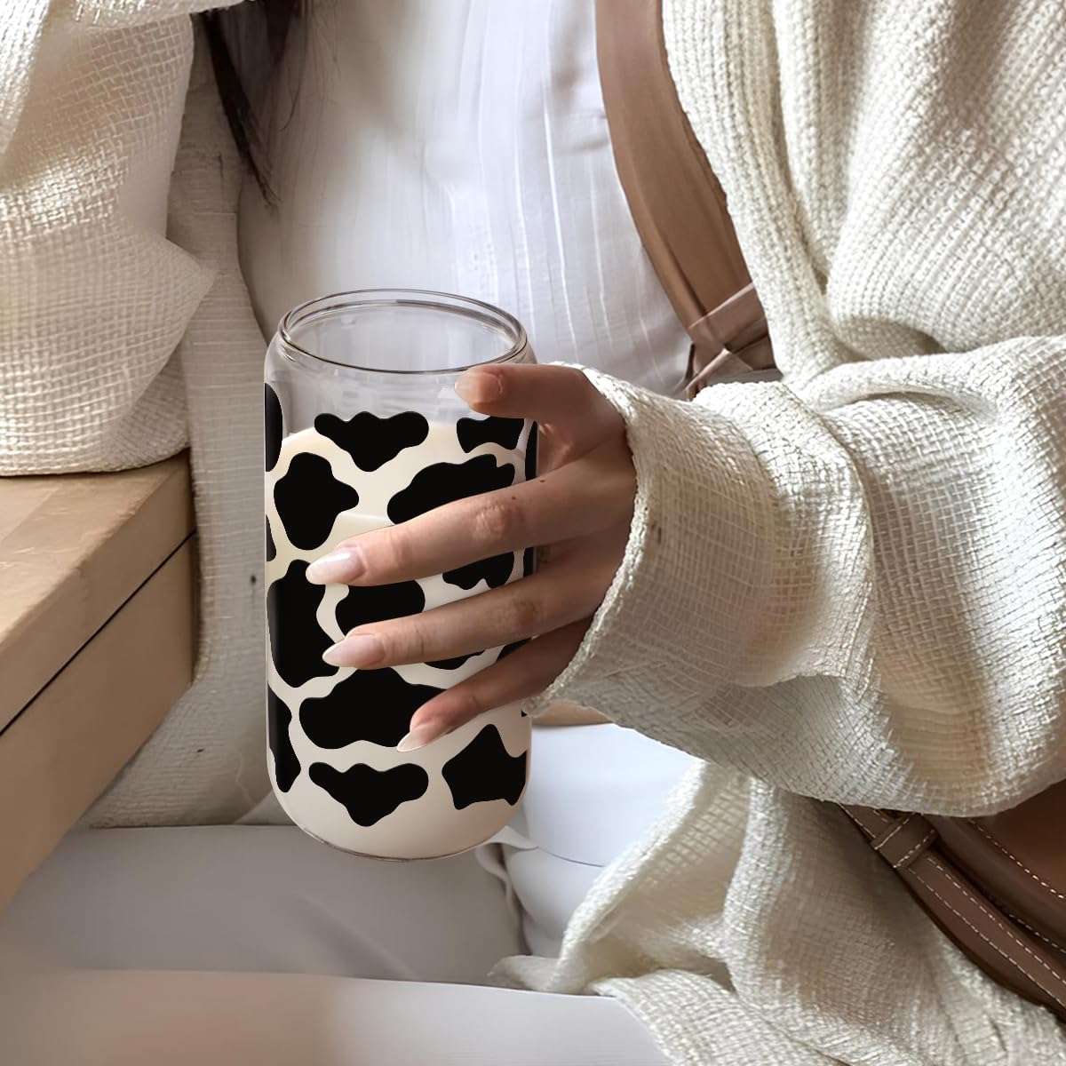 SANDJEST Cow Glass Can, Cow Prints Cup with Lid &amp; Straw, Iced Coffee Aesthetic Cups, Idea Gift for Christmas Birthday Mother Day, Gifts for Women, 16oz