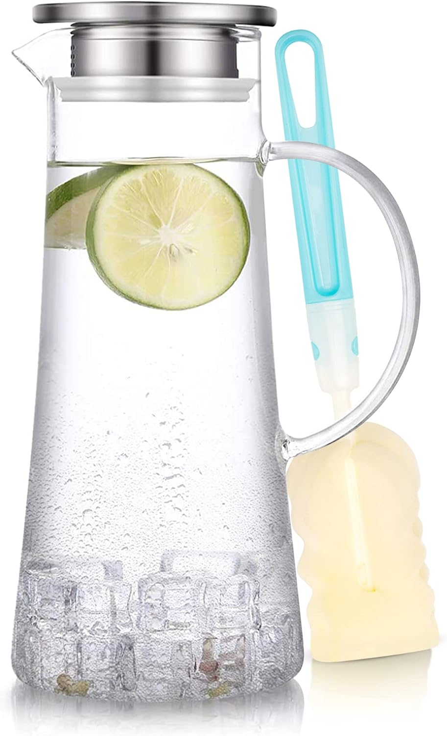SUSTEAS 1.5 Liter 51oz Glass Pitcher with Lid, Easy Clean Heat Resistant Glass Water Carafe with Han