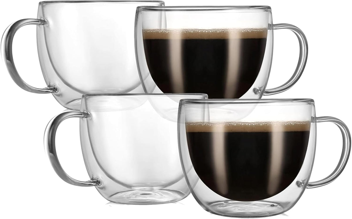 CNGLASS 8oz Double Wall Glass Coffee Mugs,Clear Insulated Espresso Glass Mugs with Handle for Latte,Cappuccino,Coffee,Set of 4