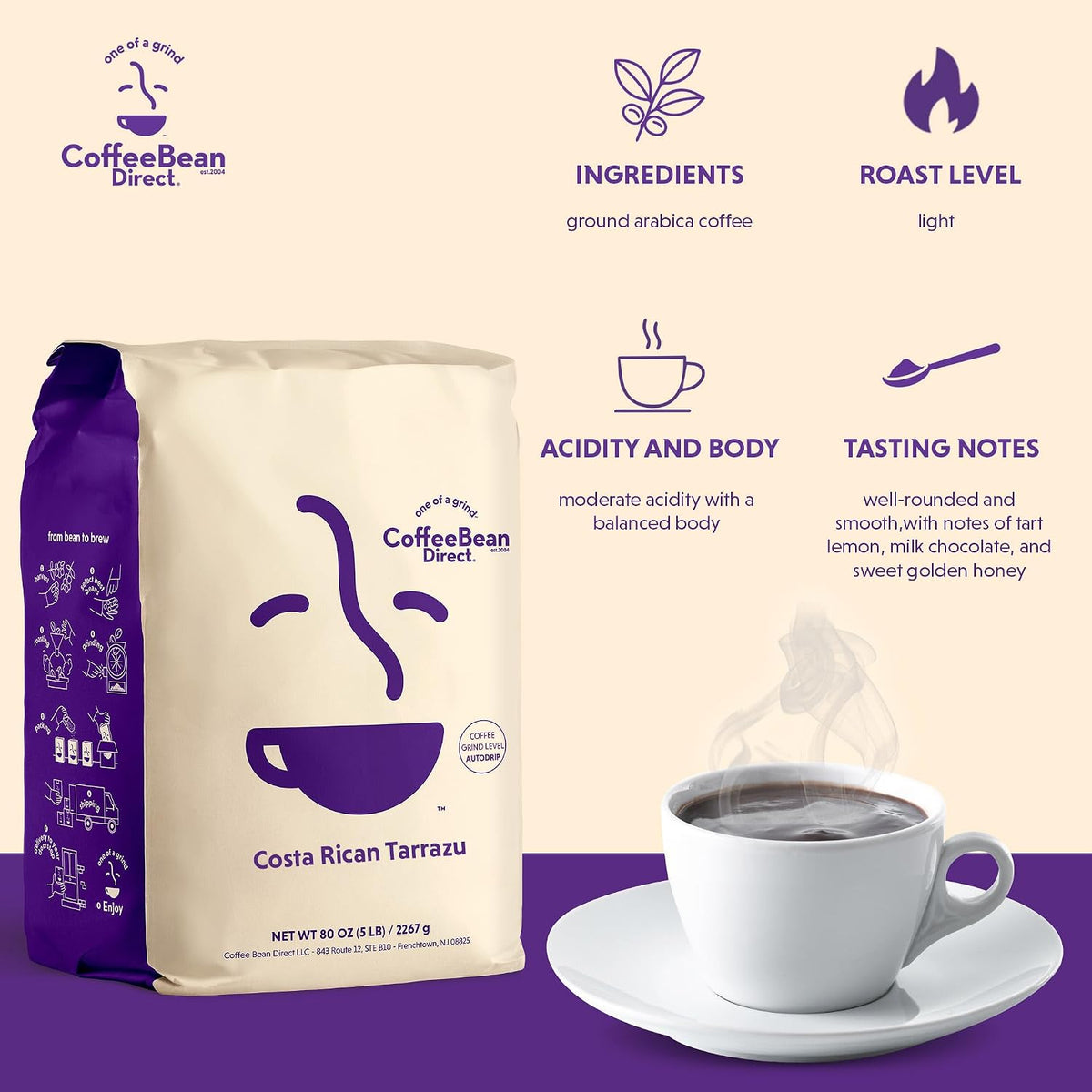 Coffee Bean Direct Costa Rican Tarrazu, Ground Coffee, 5lb Bag | Light Roast, Single Origin Arabica Coffee, Ground for Drip or Pour Over