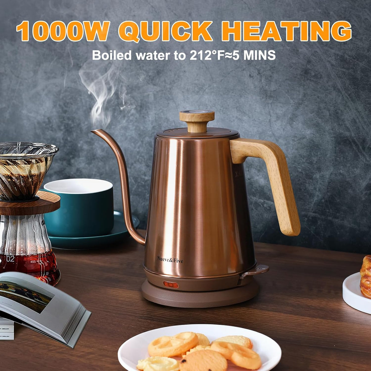 Nueve&amp;Five Electric Gooseneck Kettle with Thermometer, 1.0L Pour Over Hot Water Kettle for Coffee and Tea, 1000W, Auto Shutoff, Boil-Dry Protection,Copper