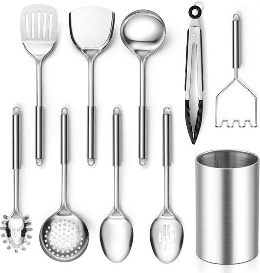 E-far Cooking Utensils Set, 10-Piece Stainless Steel Kitchen Utensils with Holder, Metal Heat Resistant Kitchen Cookware