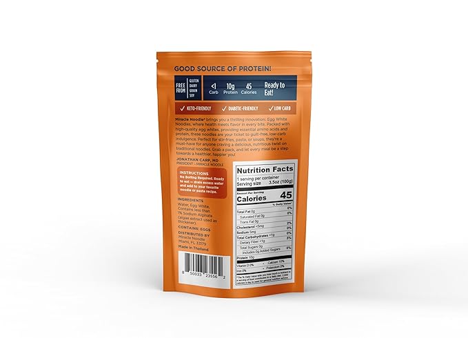 Miracle Noodle Egg White Vermicelli Pasta, 3.5 Oz (Pack of 6), Ready to Eat Egg White Noodles, 10g Protein, 45 Calories, 1g Net Carbs Per Serving, High Protein, Keto, Gluten-Free