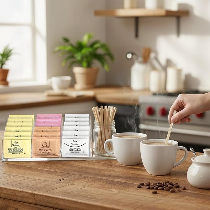 Sweetmo Sugar Packets Variety Pack - Sucralose, Raw Sugar, Saccharin, Cane Sugar with Wooden Stirrers - 400 Count for Coffee, Tea, Office Breakrooms, Home & Airbnb