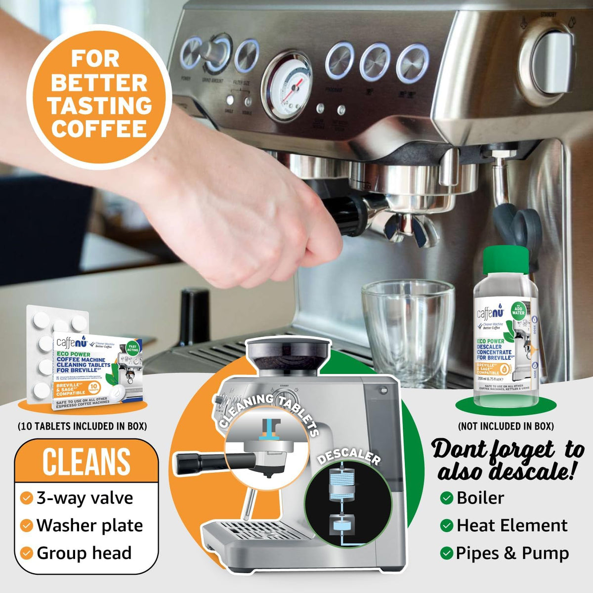 Caffenu Breville Compatible Coffee Machine Cleaning Tablets, 10 Count | (10 Uses) Cleaner Tablets for Breville - Clears Oily Grouphead and Portafilter - Improves Coffee Taste, Extends Machine Life