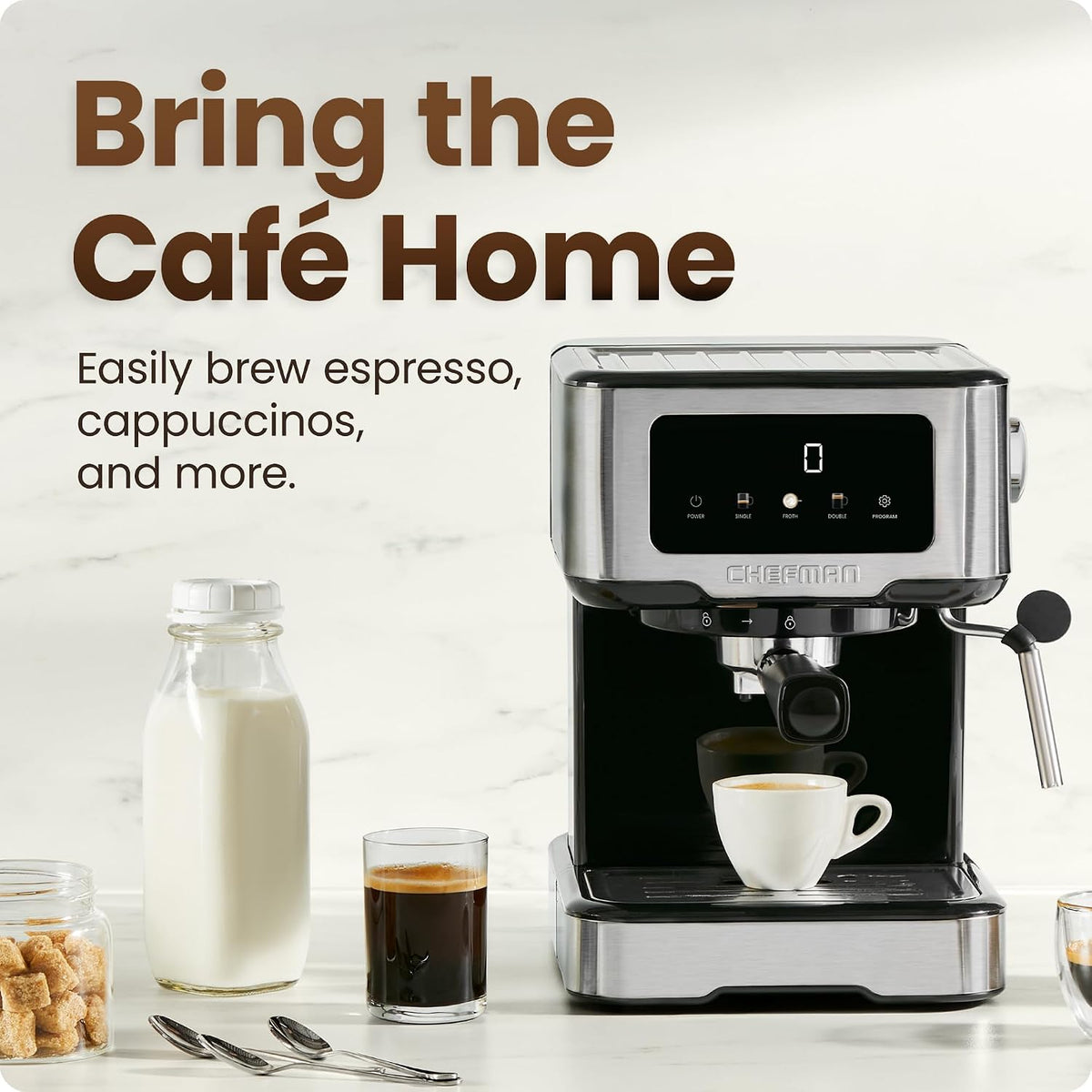 Chefman CraftBrew Espresso Machine, 15-Bar Pump Digital Espresso Maker w/Steam Wand for Latte &amp; Cappuccino, Compact Espresso Coffee Machine w/ 1.5L Removable Water Reservoir - Stainless Steel