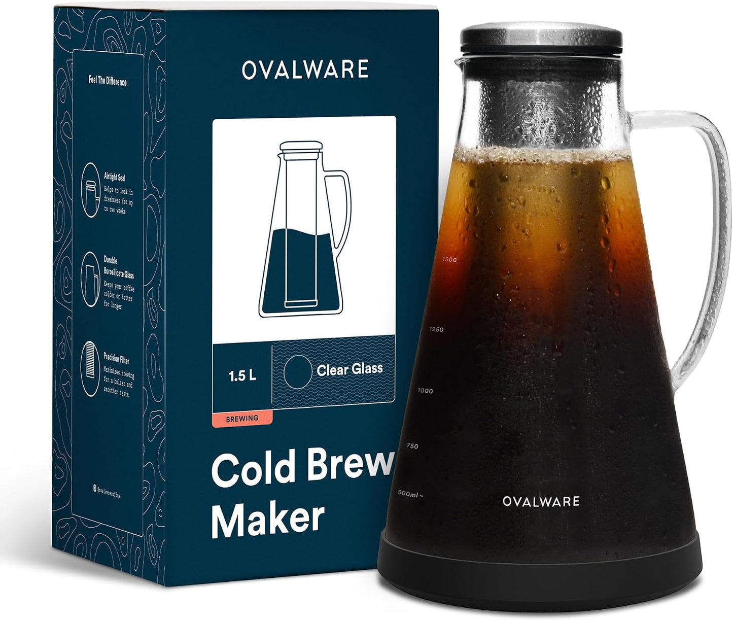 OVALWARE Airtight Cold Brew Coffee Maker with Tea Infuser &amp; Spout 1.5L/51oz | Borosilicate Cold Brew Coffee &amp; Iced Tea Maker with Removable Strainer &amp; Spout | Ideal for Home Baristas &amp; Tea Enthusiasts