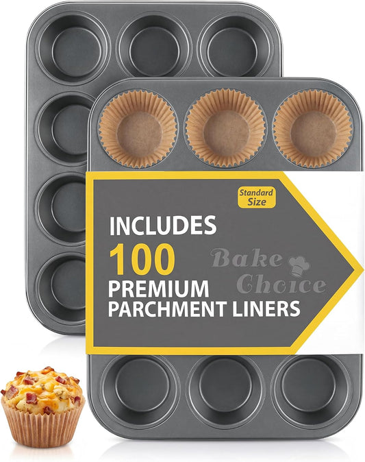 Bake Choice 2 Muffin Pan for Baking, Standard Cupcake Pan with 100 Liners