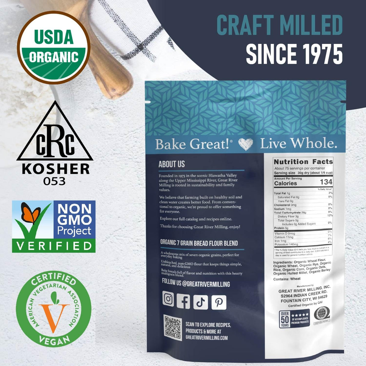 Great River Milling Organic 7 Grain Bread Flour, 5 lb | Organic 7 Grain Bread Flour with wheat, rye, oats, corn, barley, millet and flaxseed for breads, rolls and multigrain baking