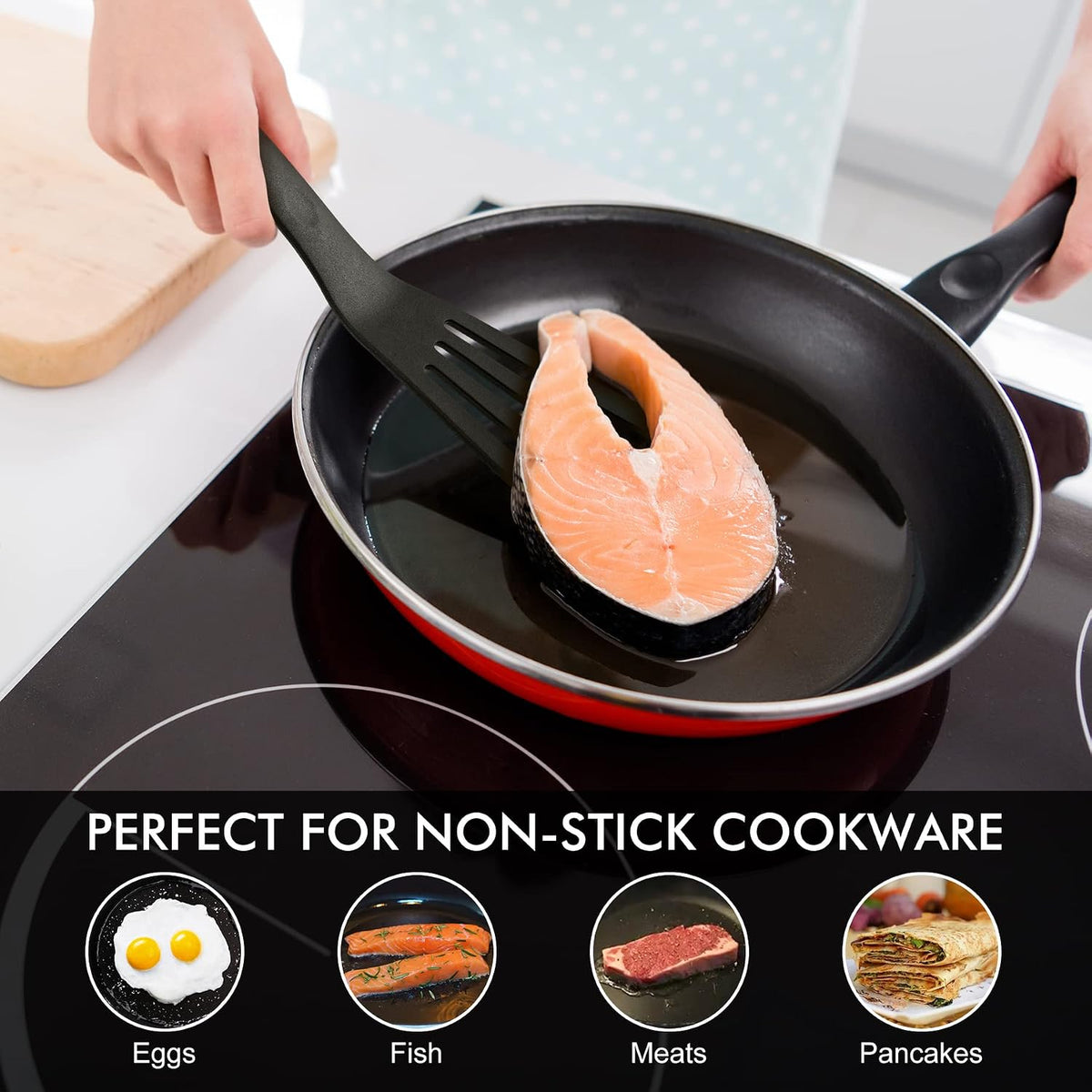 HOTEC 2-Pack Silicone Slotted Fish Turner Spatula Set, Black