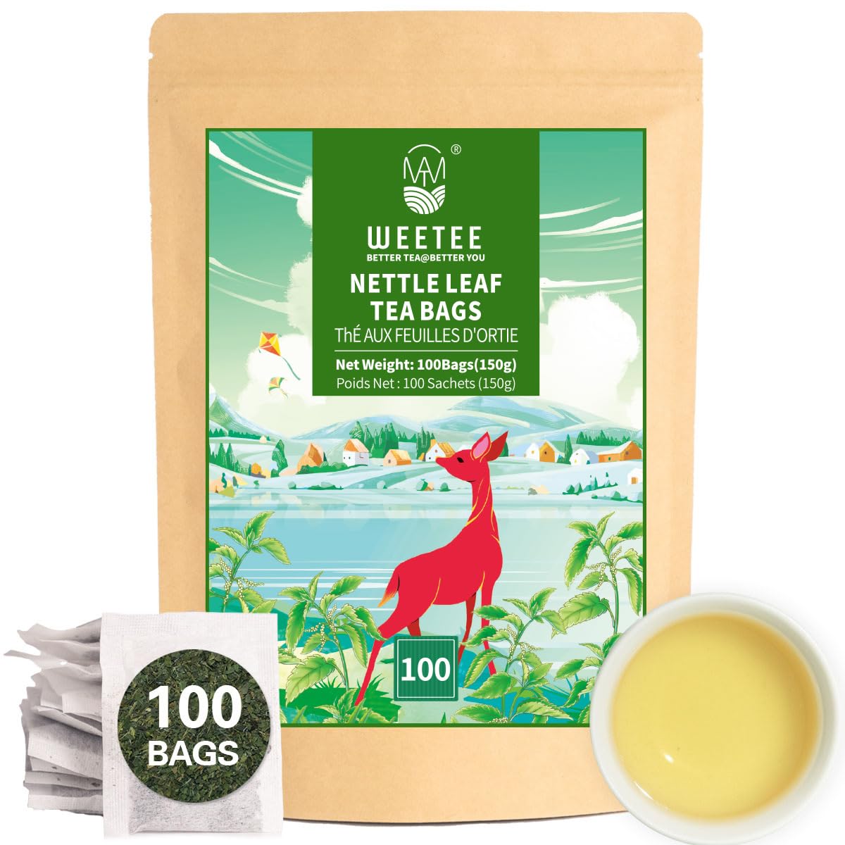 WT WEETEE Nettle Leaf Tea Bags 100 Count, Caffeine-free for Season Changes | Earthy Herb Aroma, Made with 100% Pure Stinging Nettle Leaf, Natural Caffeine-free Herbal Tea, Gentle Daily Brew