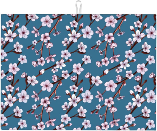 Cherry Blossom Dish Drying Mat, Branch Floral Microfiber Absorbent Drying Mats Reversible Kitchen Countertop Protector