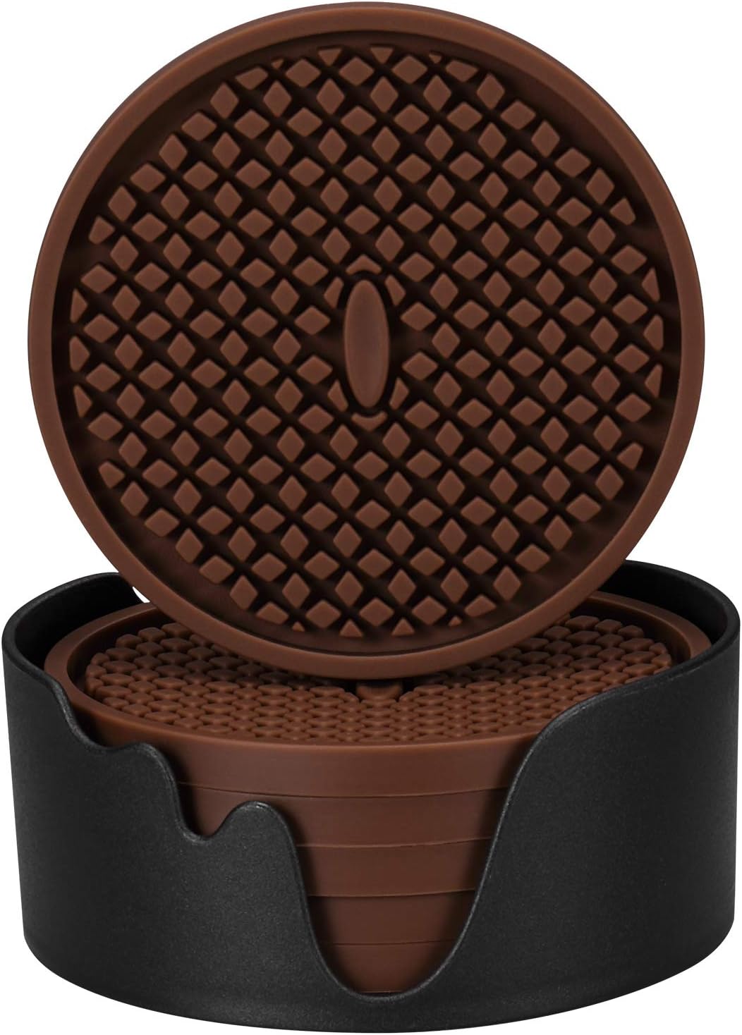 ME.FAN Silicone Coasters [6 Pack] Thickened Drink Coasters with Holder - Cup Mat - Non-Slip, Non-stick, Stay Put, Deep Tray - Prevents Furniture and Tabletop Damages(Coffee)