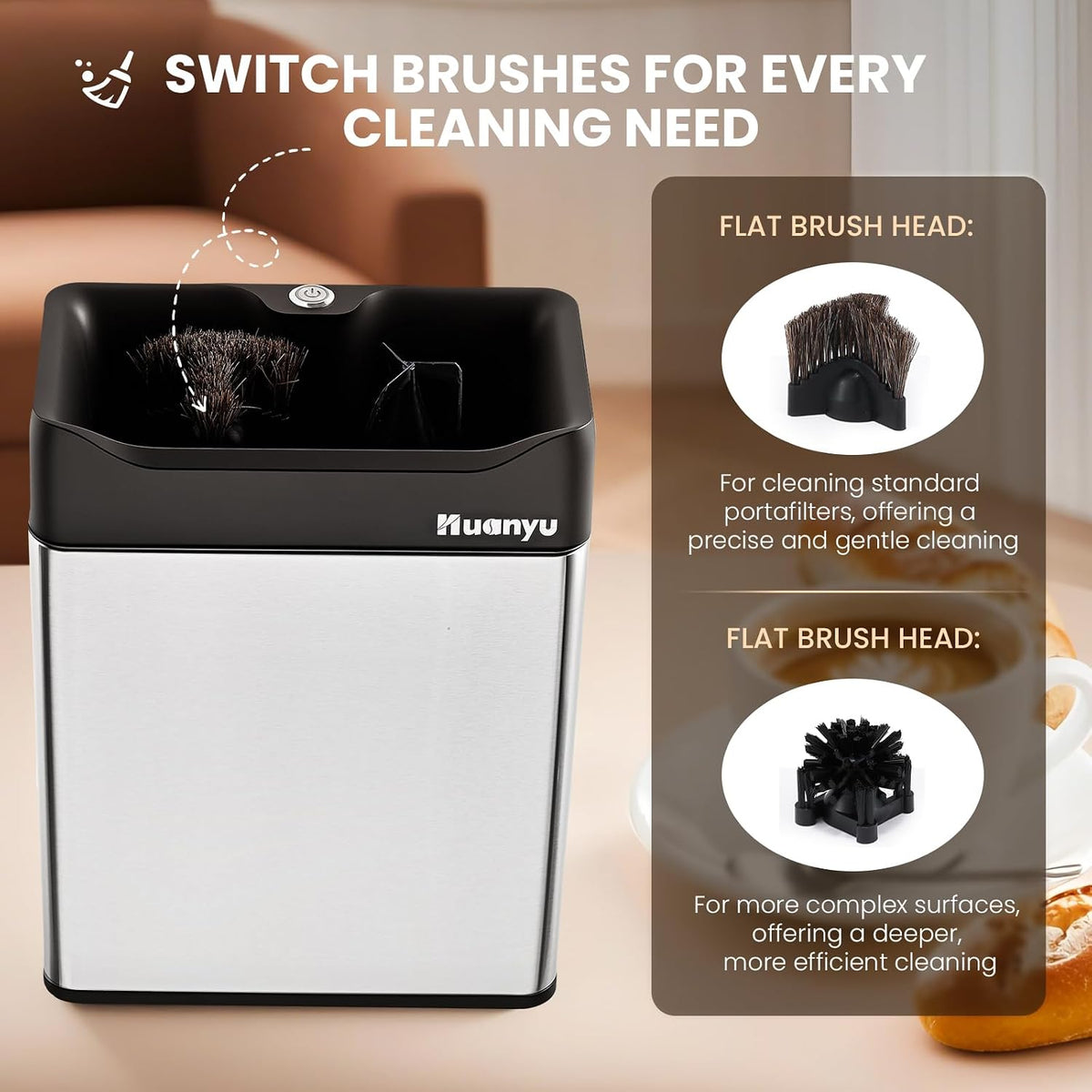 Huanyu 6L Automatic Portafilter Cleaner, 3-Way Installation, for 51&amp;58mm | 6l capacity for 50+ cycles, dual brush heads, 3 size scrapers fits 51&amp;58mm portafilters, stainless steel, for mid-volume cafe