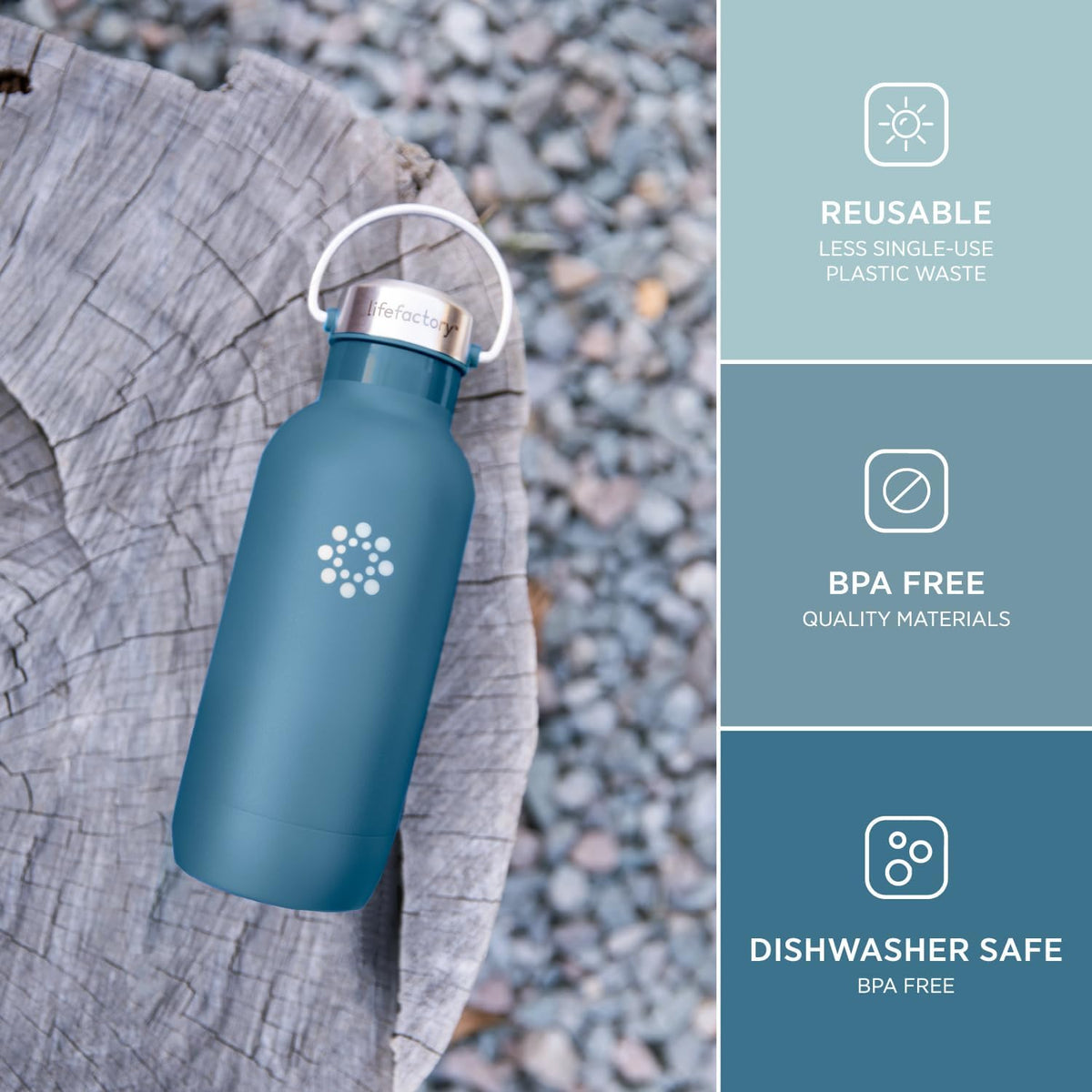 Lifefactory 16oz Stainless Steel Sports Bottle with Chug Cap, Dark Denim | Vacuum Insulated, Chug Cap, Carry Handle, BPA Free, Reusable, Dishwasher Safe