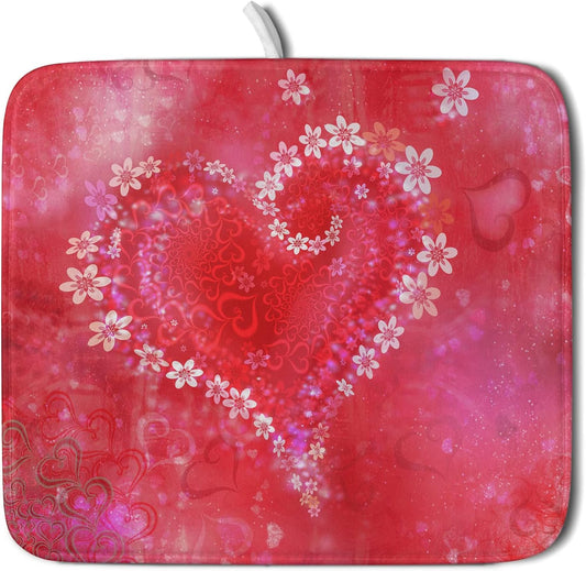 Valentines Day Dish Drying Mat for Kitchen Counter Red Heart Flower Decor Drying Mat 16 x 18 Inch with Absorbent Reversible