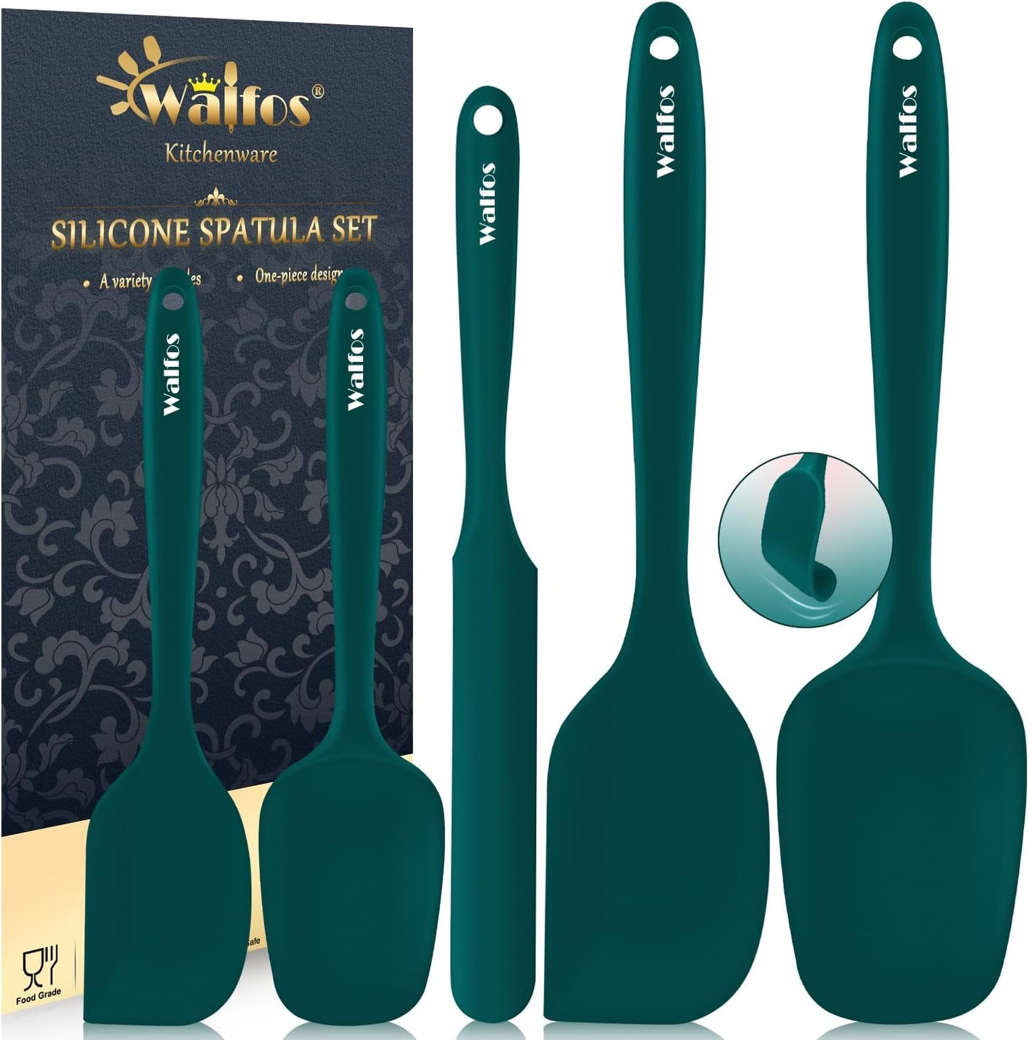 Walfos Silicone Spatula Set of 5 - (600°F) High Heat Resistant Dark Green Kitchen Scraper Spatulas, One-Pieces Seamless Design, Perfect for Cooking Mixing &amp; Baking - BPA Free and Dishwasher Safe
