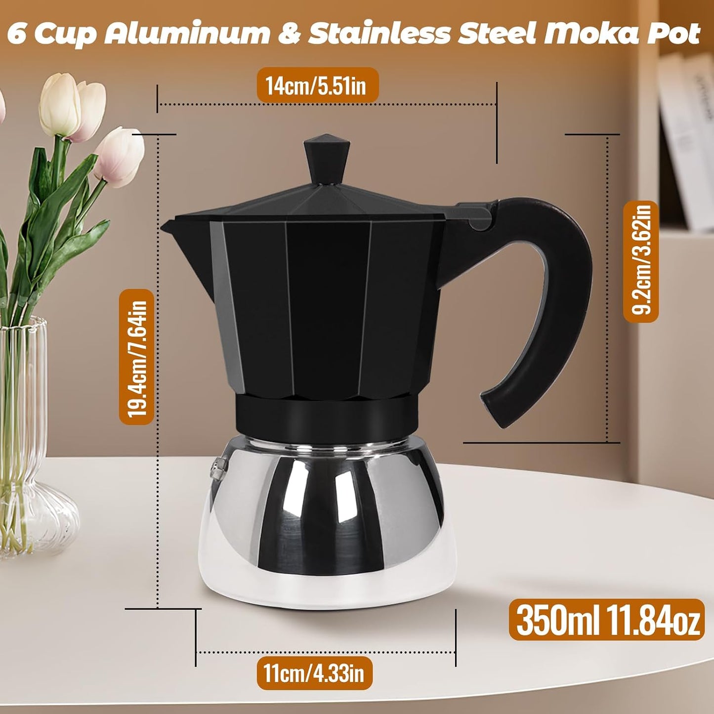 No Coating 6 Cup Aluminum and Stainless Steel Moka Pot Stovetop | Espresso Maker Italian Coffee Machine 350ml 11.84oz Suitable for Gas Induction Stovetop Greca Coffee Maker Black