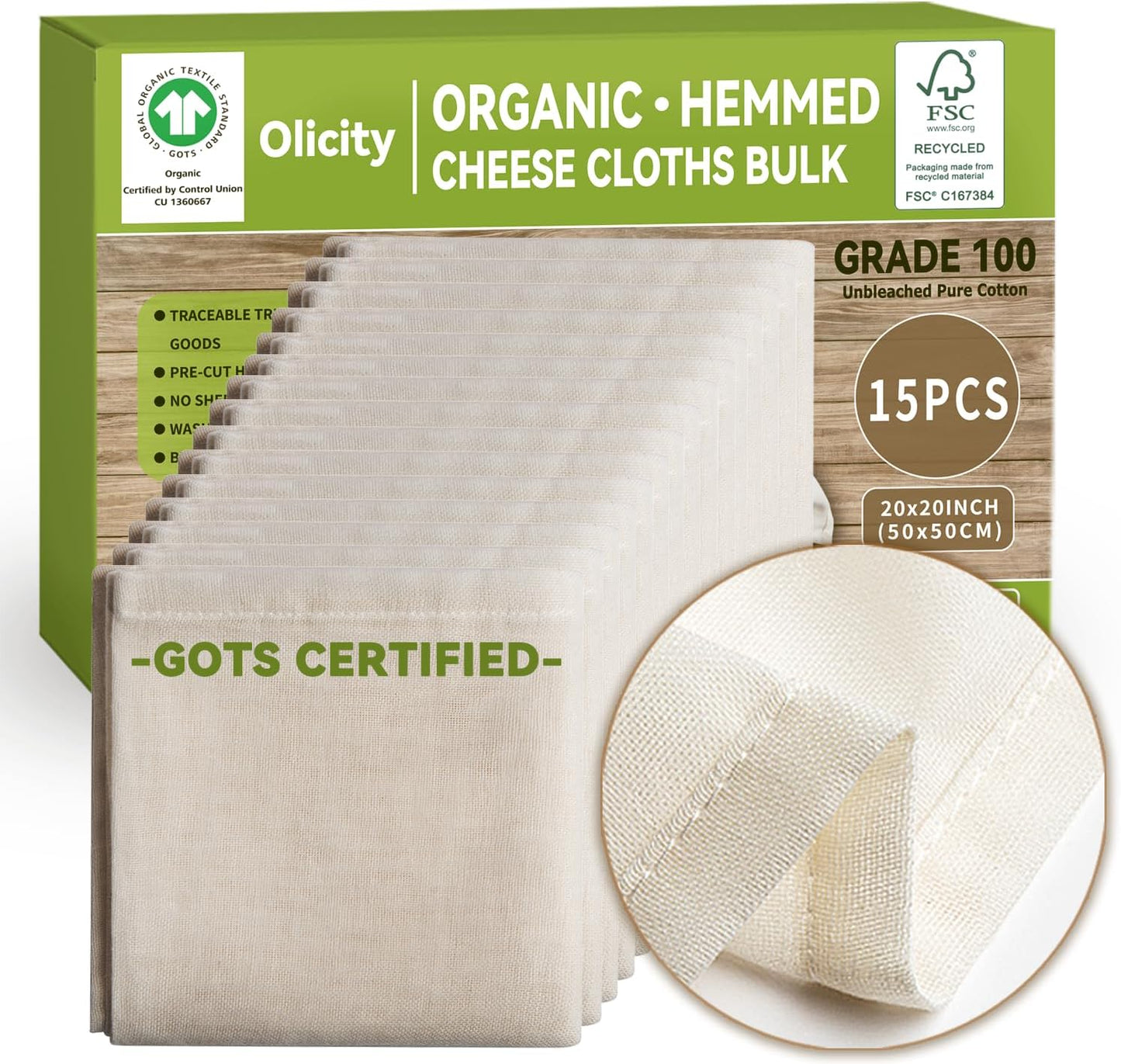 Organic Cheese Cloths, GOTS Certified, 15PCS, Grade 100, 20x20Inch Hemmed Cheese Cloth Fabric Reusab