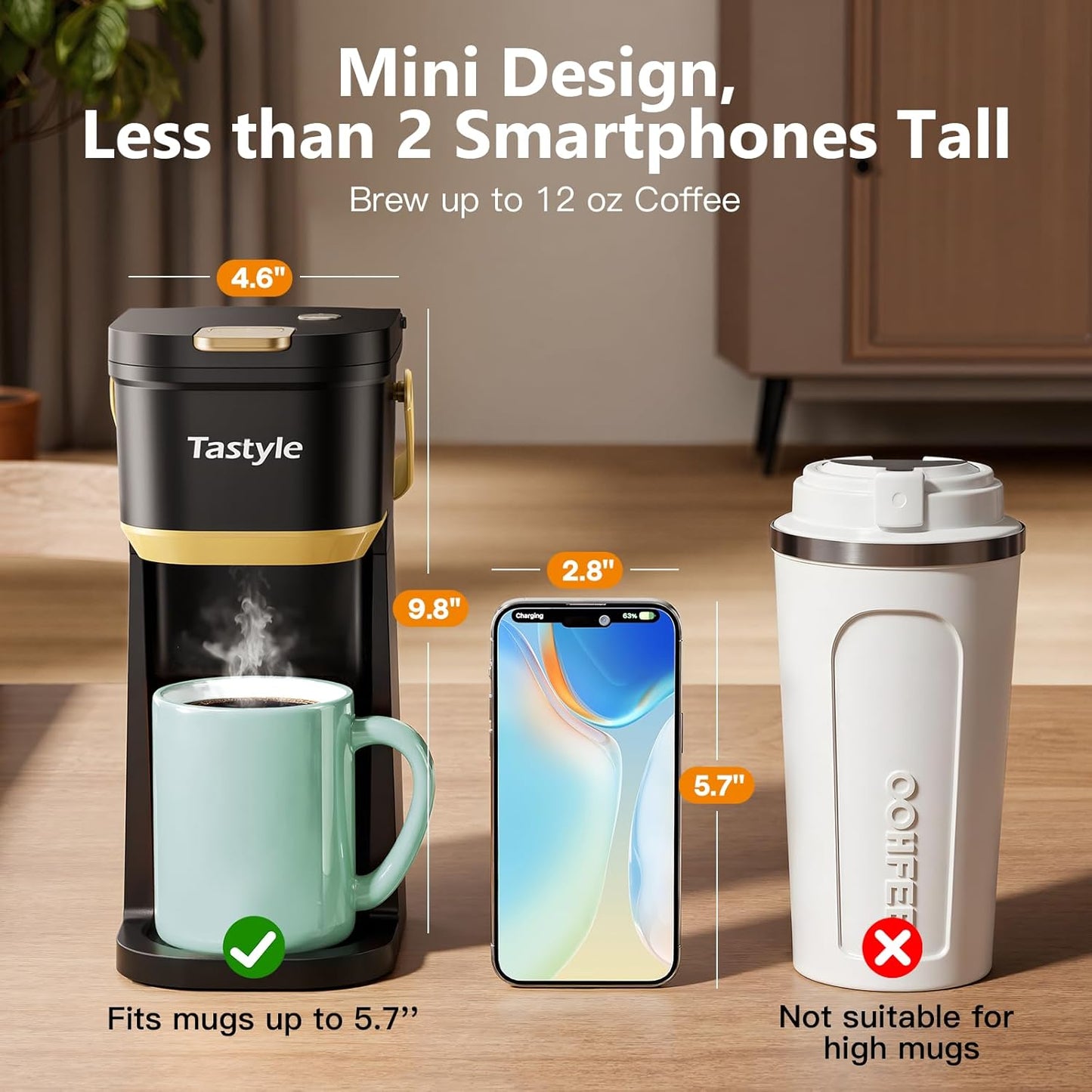 Tastyle Mini Single Serve Coffee Maker for K Cups and Grounds with Handle | for Travel, Camping, Office, RV and Dorm, Portable Handle, 120V, 6 to 12 Oz Brew Size, BPA Free, K302, Black and Gold