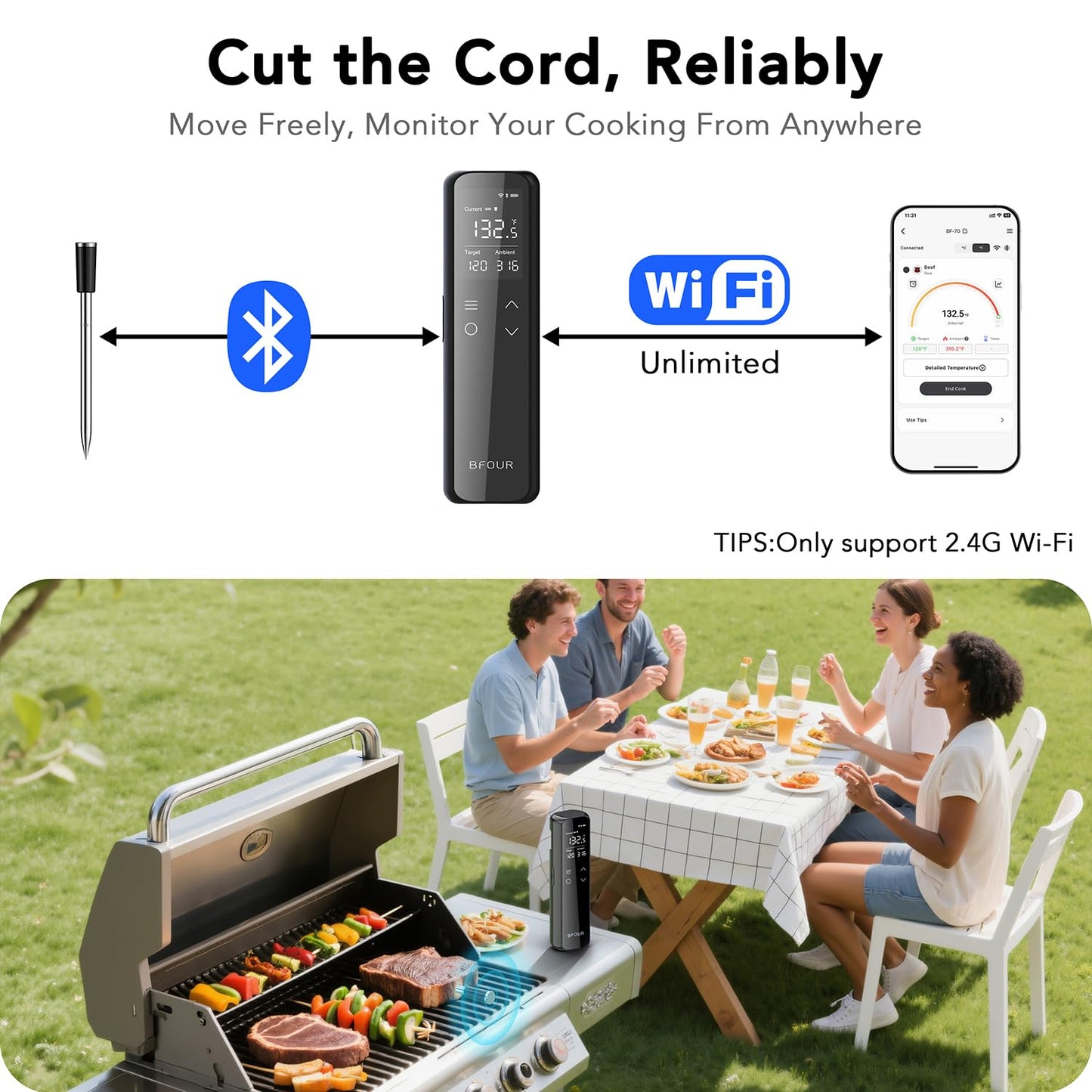 BFOUR WiFi Smart Wireless Meat Thermometer with Standalone Display Base, Bluetooth Food Meat Thermometer with App Control, Internal Ambient Sensor Probes for Cooking, BBQ, Oven, Grill, Smoker