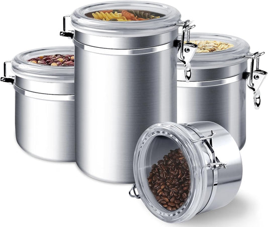 ENLOY 4-Piece Stainless Steel Airtight Food Storage Canister Set with Clear Lid, Containers Sets for Kitchen Counter for