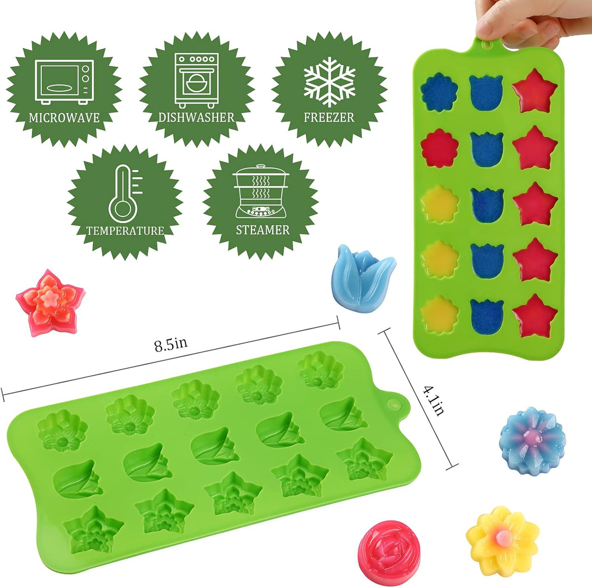 FIRETREESILVERFLOWER Flower Shape Chocolate Candy Molds Set,Heart,The stars,The rose,Flowers in Combination,15 Cavity Silicone Baking Mold Ice Cube Tray-Wedding,Festival,Parties and DIY Crafts-(6Pcs)