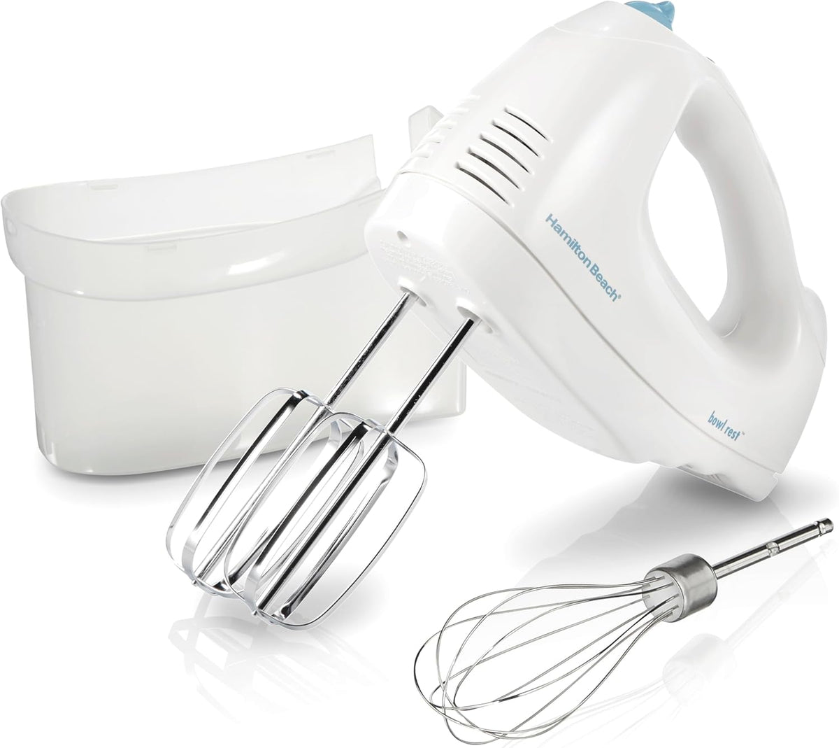 Hamilton Beach 6-Speed Electric Hand Mixer With QuickBurst and Bowl Rest | Powerful 250 Watt Motor | Traditional Beaters | Snap-On Storage Case | White | 62682G