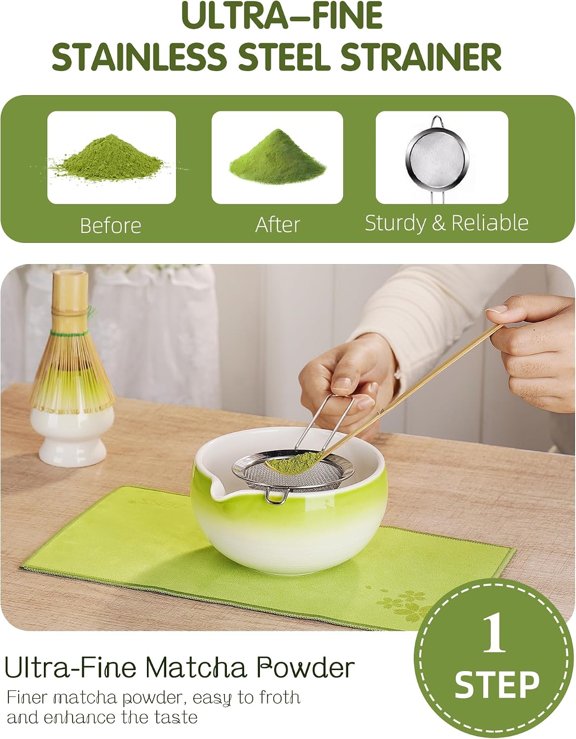 ZENS Premium Matcha Whisk Set, 6pcs Matcha Kit for Tea Ceremony, Green