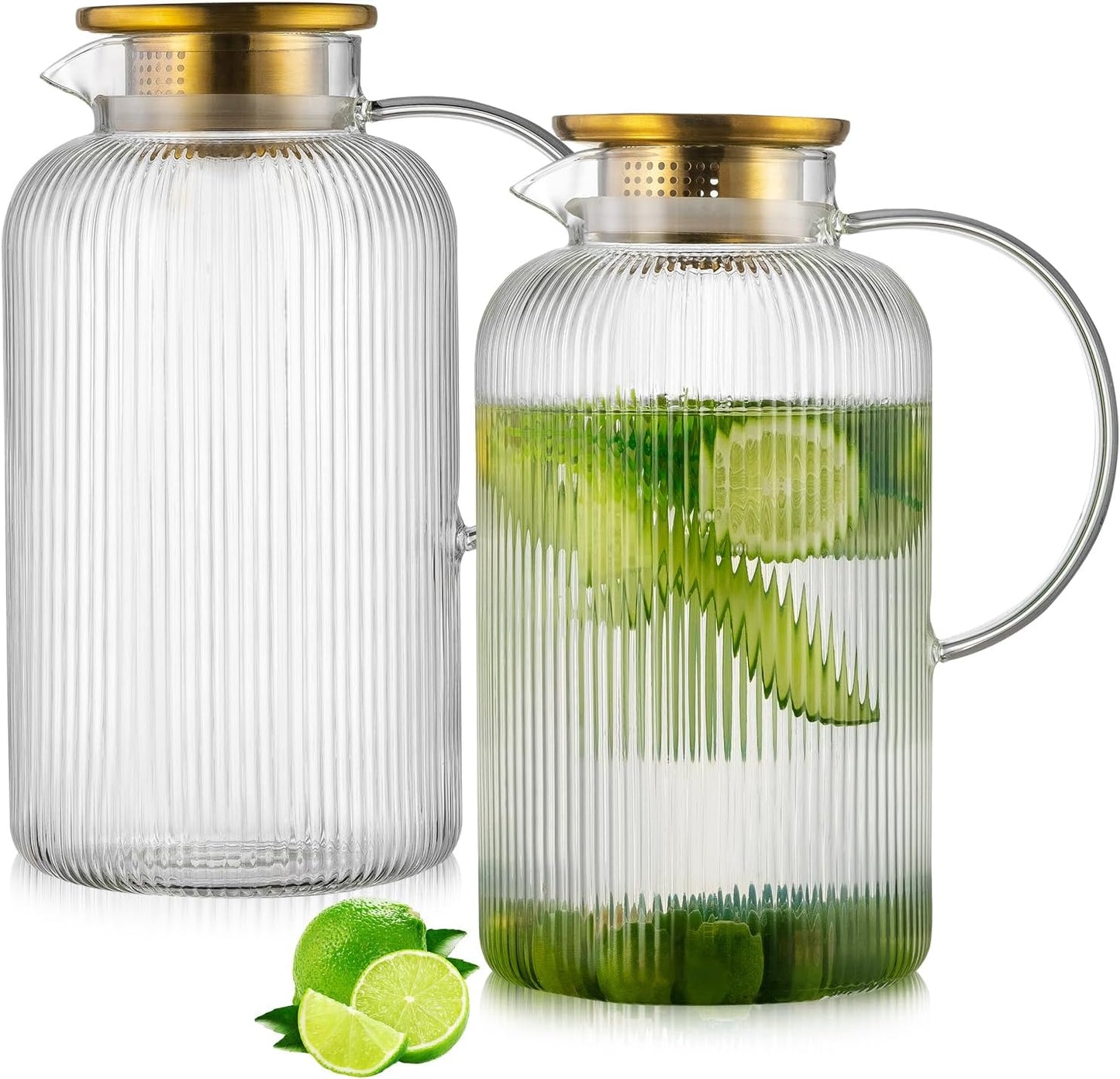 Buaic 2 PACK Glass Pitcher with Lid, 100 oz/ 3L Glass Water Pitcher | Classic Vertical Stripes Glass Water Jug with Handle,Glass Water Pitcher for Cold Brew, Coffee,Iced Sun Tea,Beverage,Cold/Hot
