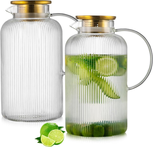 Buaic 2 PACK Glass Pitcher with Lid, 100 oz/ 3L Glass Water Pitcher | Classic Vertical Stripes Glass Water Jug with Handle,Glass Water Pitcher for Cold Brew, Coffee,Iced Sun Tea,Beverage,Cold/Hot