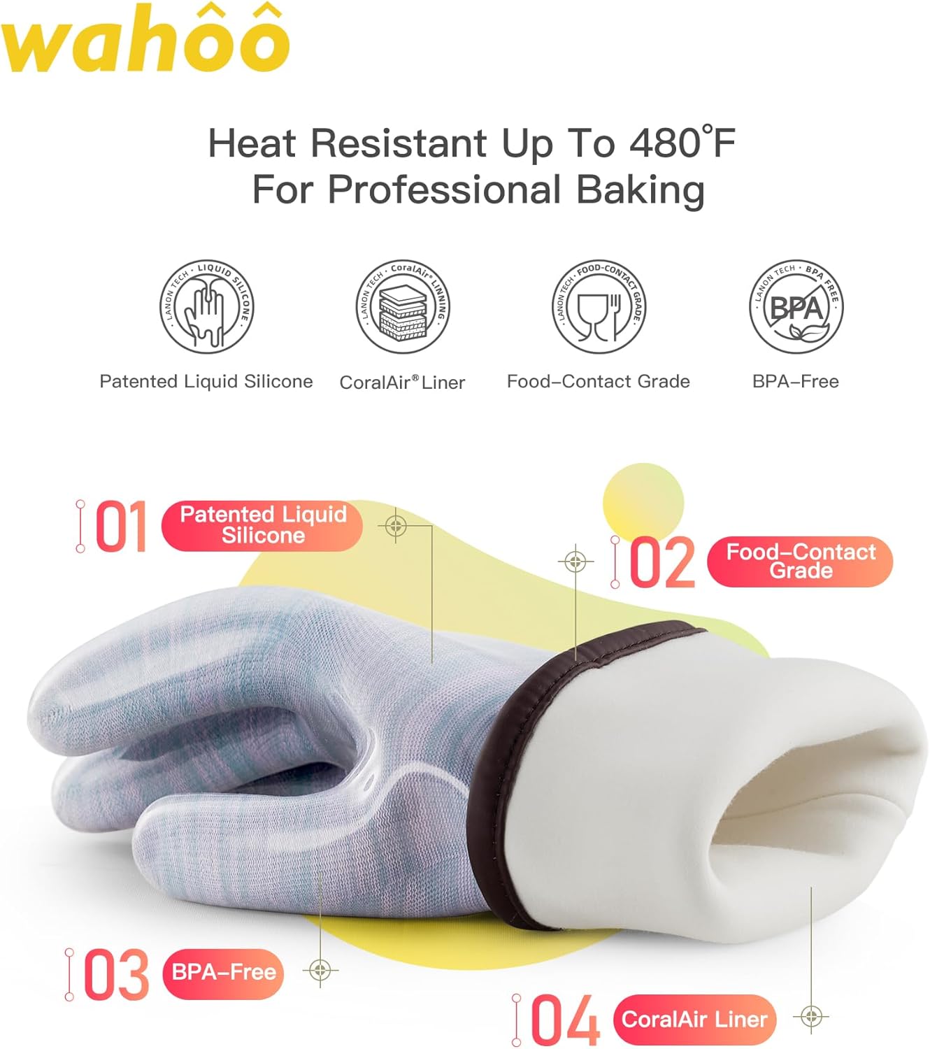 wahoo Professional Liquid Silicone Oven Mitts Gloves, Heat Resistant Gloves for Cooking, Baking, CoralAir Liner, 12 Inch,