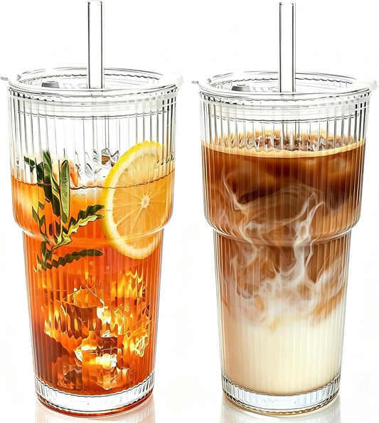 2PCS 20oz Glass Cups with Lids and Straws, Iced Coffee Cups with Lids, Stylish Ribbed Thick Drinking Glasses Tumbler for Juice, Smoothies, Cold Beverages, Cute Cup Gifts with Clean Brush