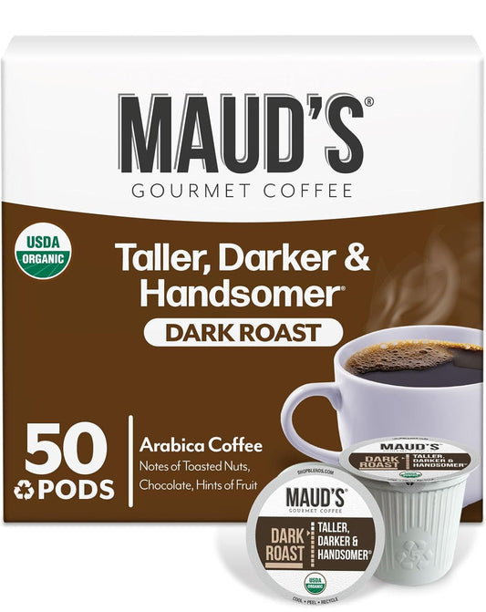 Maud's Organic Dark Roast Coffee Pods, 50 ct, Fair Trade & Single Origin Recyclable Single Serve Pods – 100% Arabica Coffee,
