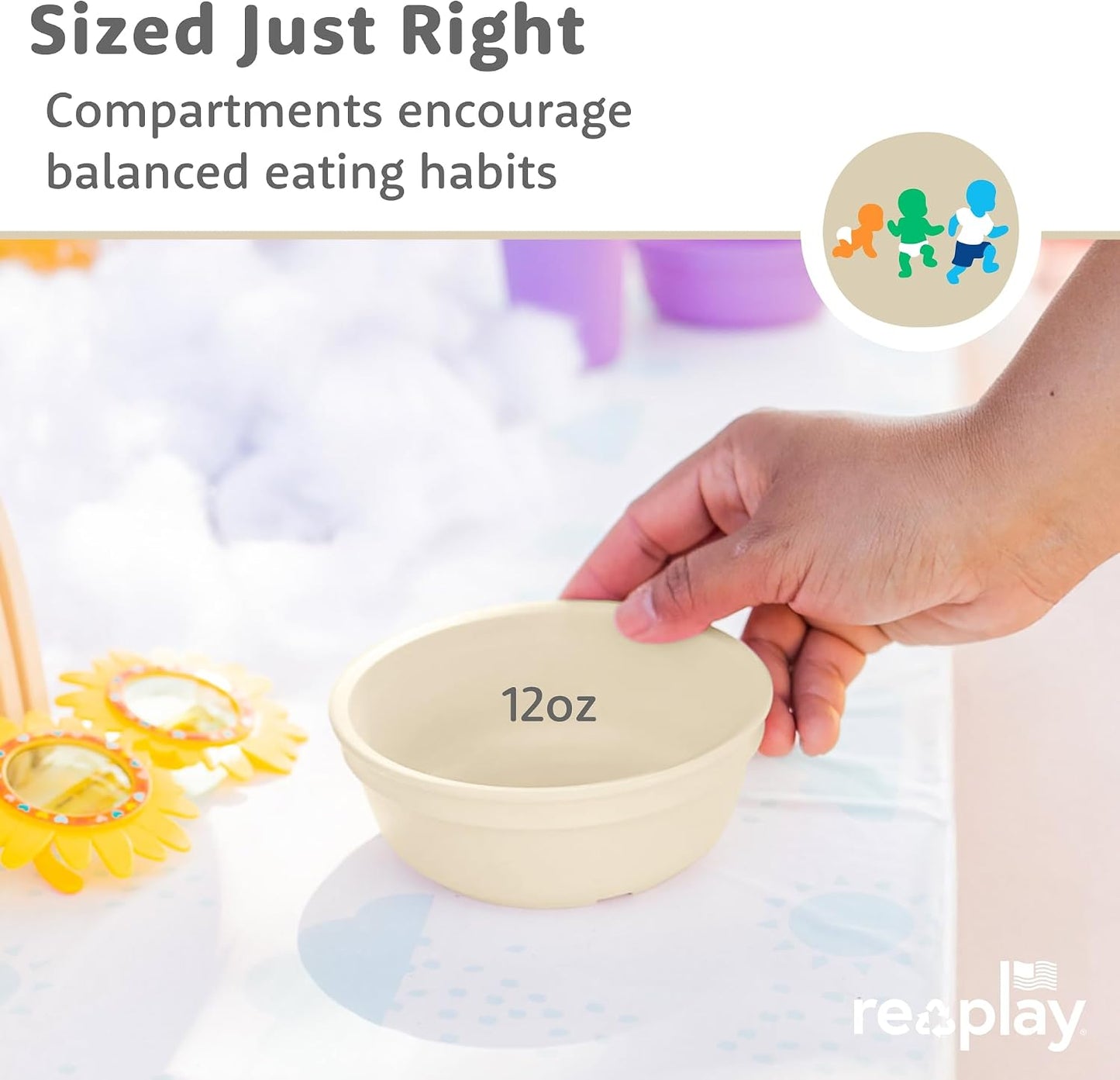 Re-Play 12 oz. Toddler Bowls Set of 3 - Kids Deep-Walled, Durable &amp; Reusable Snack and Meal Bowls, Dishwasher &amp; Microwave Safe, BPA-Free, Made in USA from Recycled Plastic, Beach Baby