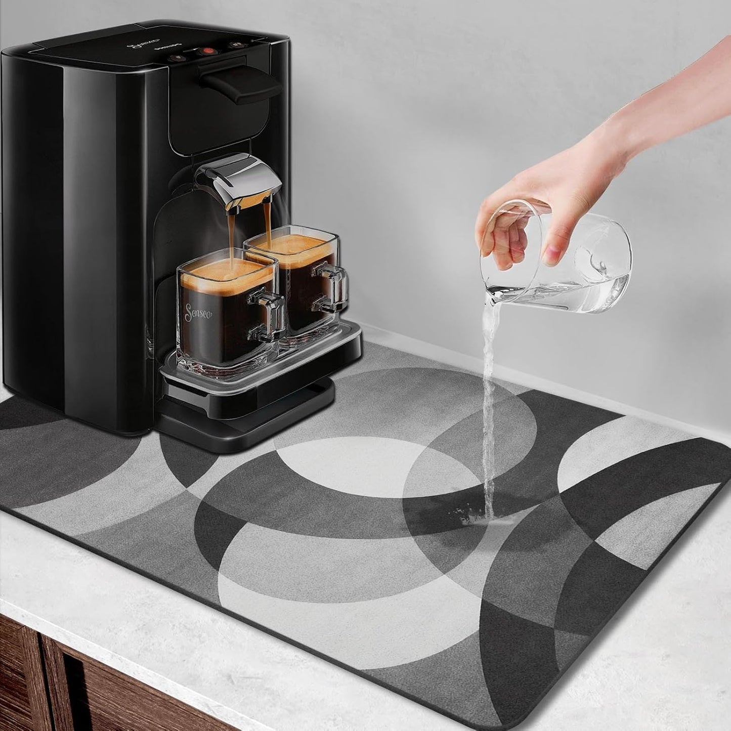 Arttown Coffee Mat for Countertops, 2 Pcs, 12" x 19" Geometric Modern Grey | Black White Dish Drying Mats Rubber Backed, Kitchen Bar Accessories for Espresso Machine Rack Hide Stain